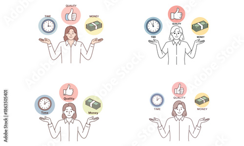 Confused man choosing between time and money illustration
