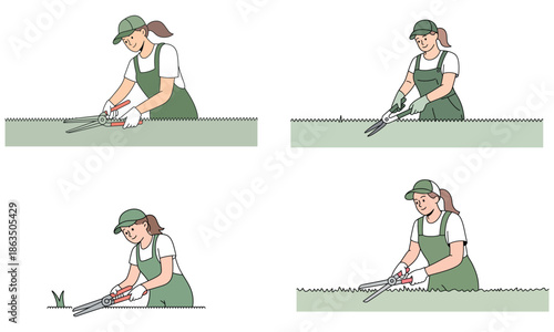Gardener cutting grass with manual lawn trimmer illustration
