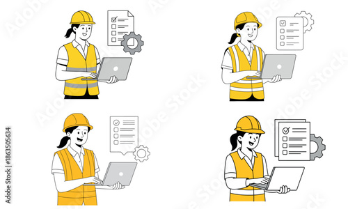 Construction worker using laptop with checklist illustration
