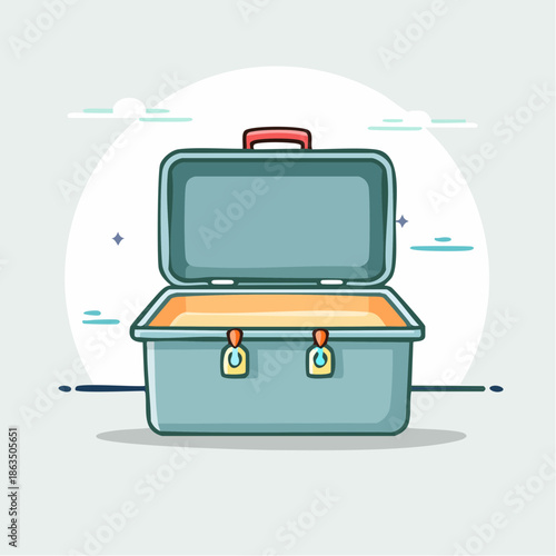 Open Blue Lunch Box with Red Handle and Yellow Interior Against a Light Blue Circular Background with Small Clouds and Stars