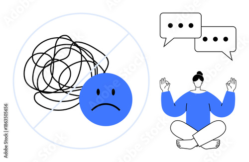 Mental health, stress management, emotional well-being, mindfulness, self-care, communication. Sad face with tangled lines, meditation pose speech bubbles. Stress management and mindfulness