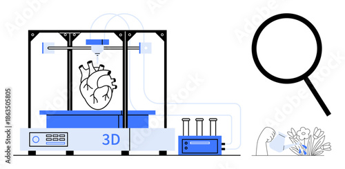 3D printer producing human heart model for medical innovation enhanced by a magnifying glass beside plants. Ideal for healthcare, technology, biomaterials, biotechnology, education, research