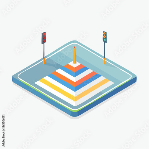 Abstract Isometric City Intersection With Traffic Lights And Colorful Pedestrian Crossing In A Grid Layout