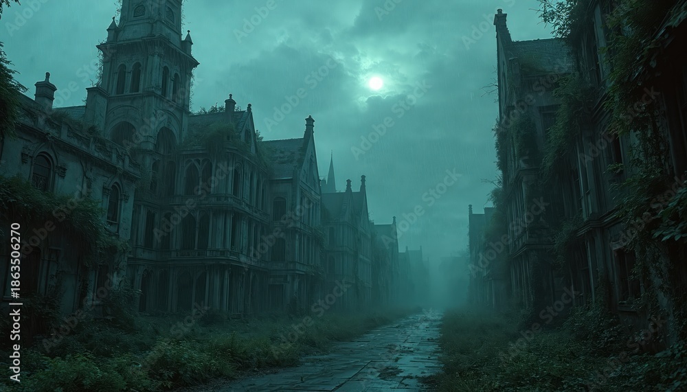 Obraz premium Abandoned town street with old crumbling buildings overgrown with vines. Eerie sky with faint moon peeks through rain and clouds. Gloomy atmosphere.