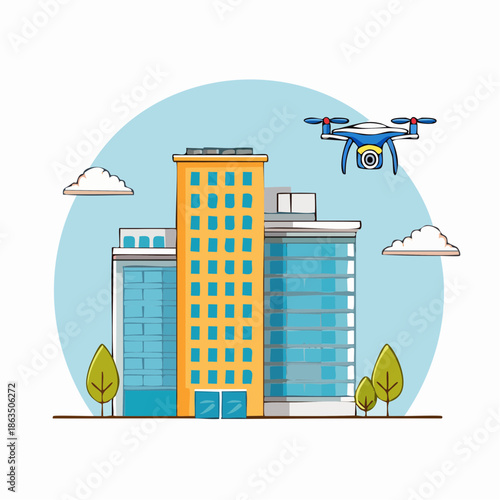 Modern Technology Drone Flying Over Tall Orange and Blue Glass Office Buildings With Trees and Clouds in Clear Sky