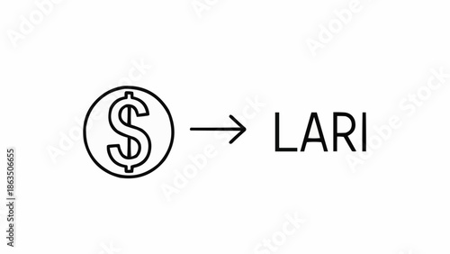 Dollar coin symbol pointing to LARI text currency exchange concept.