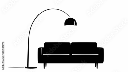 Modern Black Sofa and Arc Floor Lamp Silhouette.