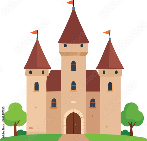 Vector illustration of a medieval castle with towers and stone walls in a fairytale kingdom setting