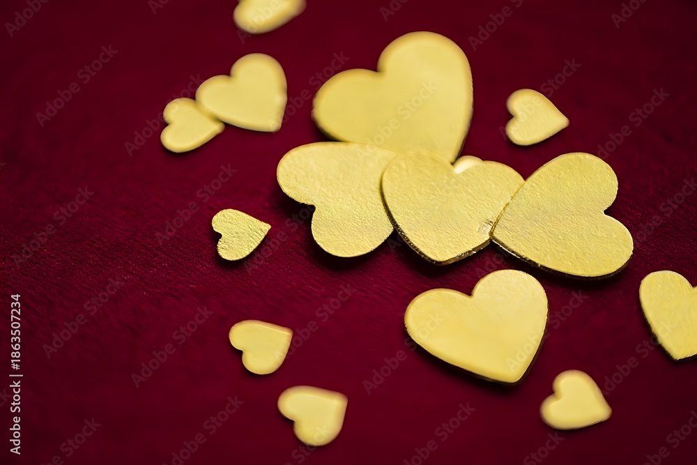 Obraz premium Golden hearts scattered on red velvet background