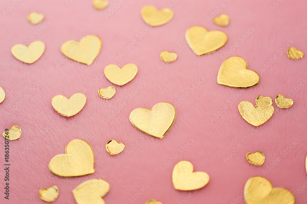 Fototapeta premium Golden heart confetti on pink background for valentine day