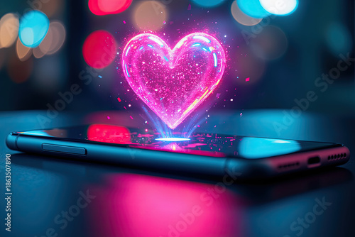 Digital love concept with a glowing heart hologram emerging from a smartphone