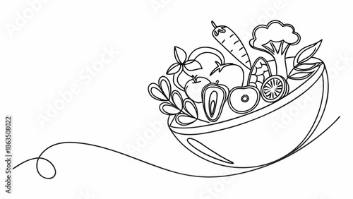 Artistic line drawing of a vibrant bowl overflowing with fresh, healthy vegetables and fruits.