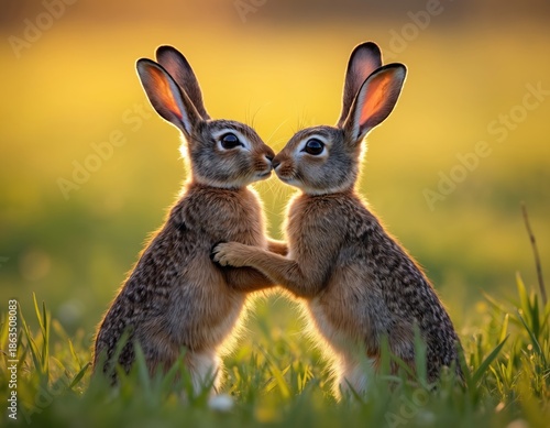 Two brown hares stand nose to nose in a sunlit grassy field. One hare gently holds the other, showing affection during springtime mating season. Their large ears are alert in the golden hour light. © Pete