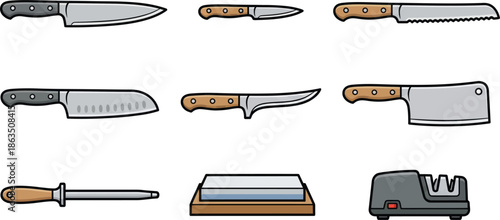 Set of kitchen knives and sharpening tools vector illustration
