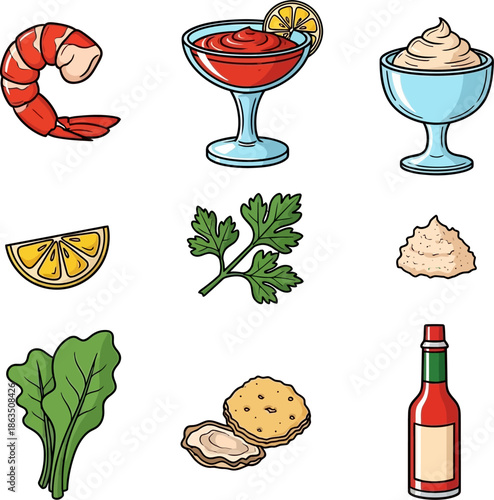 Shrimp cocktail ingredients and seafood appetizers vector illustration
