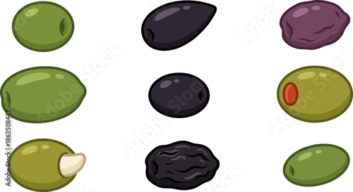 Variety of green and black olives vector illustration