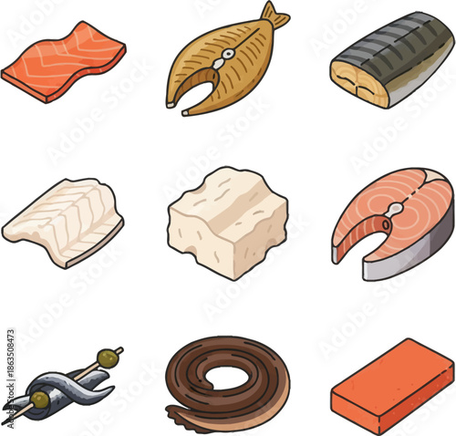 Assorted raw fish and seafood pieces vector illustration