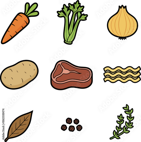 Assorted raw cooking ingredients collection vector illustration