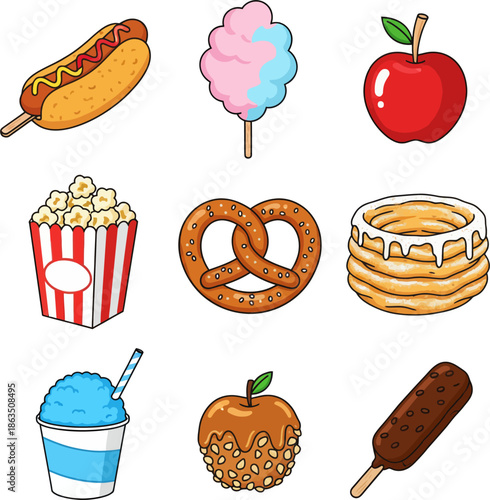 Carnival and fair food snacks collection vector illustration