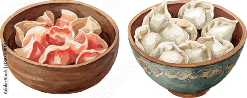 watercolor illustration of two bowls of dumplings, on a white background.