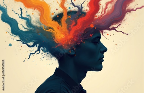 Dark profile silhouette head explodes with colorful abstract thought swirls, symbols. Represents mental chaos, stress, creative ideas. Abstract mind illustration for psychological themes, wellness,