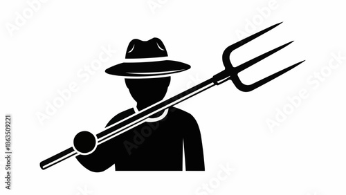 Farmer Silhouette Holding Pitchfork Icon Symbol.