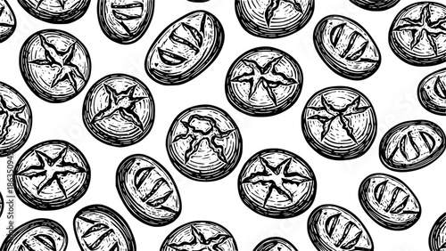 Sourdough bread illustration pattern and vector background in hand-drawn woodcut engraving style, vintage rustic monochrome artisan loaf for homemade or organic bakery packaging design
