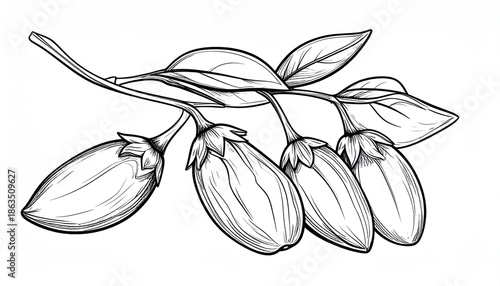 Elegant Goji Berry Branch Illustration with Detailed Shading.