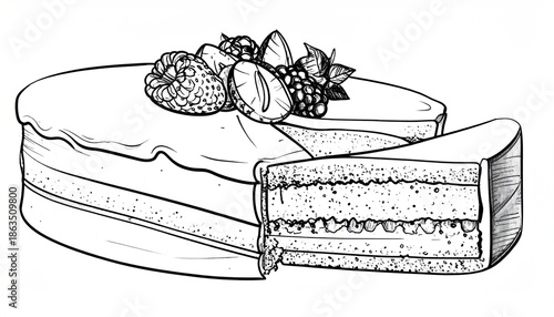 Elegant Cake Illustration with Berries and Slice Removed.