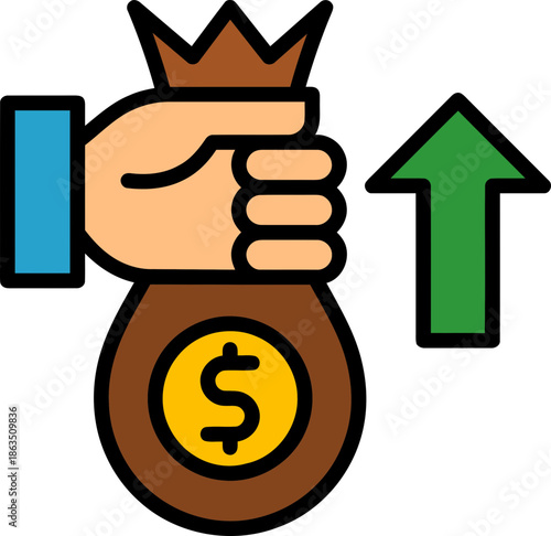 Hand holding money bag with crown and upward arrow.