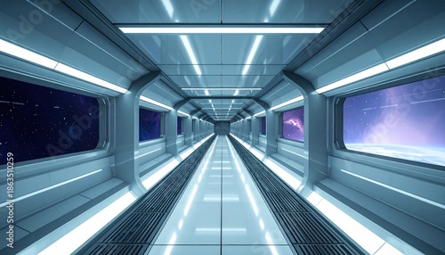 Futuristic Space Station Corridor with Starfield Views.