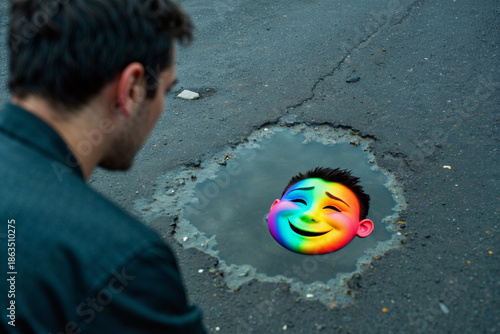 Rainbow Reflection in Broken Pavement, Metaphor for Resilience and Unexpected Joy