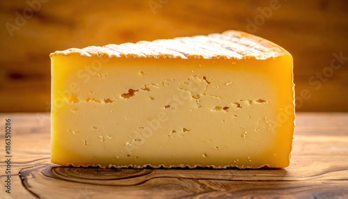 Delicious Slice of Cheese on Wooden Board.