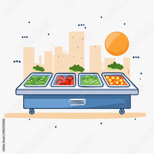 Buffet Food Display With Four Sections Showing Fresh Vegetables And Fruits In A Sunny City Background With Building Silhouettes