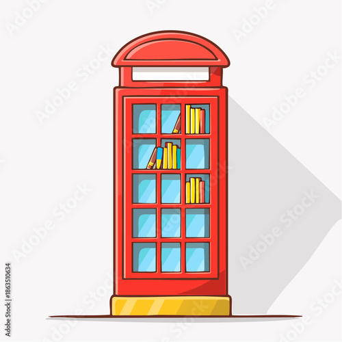 Classic Red British Telephone Booth Transformed Into a Library Shelf Filled With Colorful Books In A Brightly Lit Setting