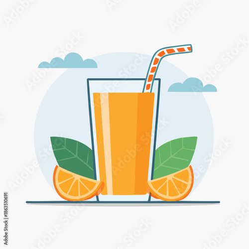 A Tall Glass Of Orange Juice With Slices Of Orange And Leaves With A Straw And Clouds In The Background