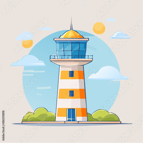 A Tall Striped Lighthouse with Orange and White Bands Stands Amidst Green Bushes Under a Bright Blue Sky with Two Yellow Suns and Fluffy White Clouds