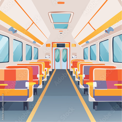 Empty Train Interior With Rows Of Colorful Seats Under Orange And White Ceiling With Windows And Skylight