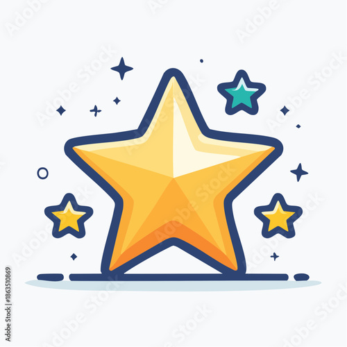 Golden Five Pointed Star Surrounded By Smaller Stars And Sparkles On White Background
