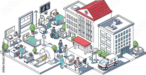 Hospital Scene with Medical Staff and Patients in Isometric View