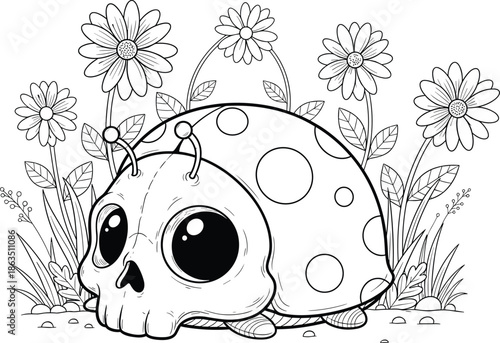 Cute Skull Ladybug Character in Garden with Flowers and Grass Hand Drawn Vector Line Art Illustration for Halloween Coloring Book
