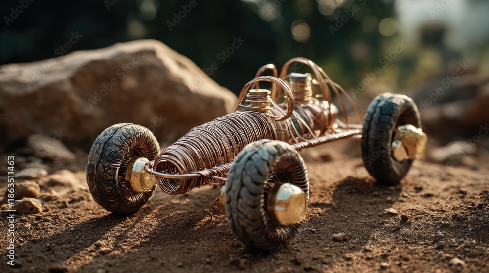Fototapeta premium Handmade Wire Toy Car Crafted From Bent Metal And Recycled Materials Resting On Dusty Earth 