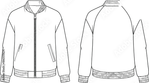 Front and back view cad drawing flat vector illustration of a bomber jacket with zipper and ribbed collar for fashion.