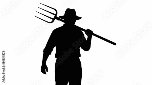 Silhouette of a farmer holding a pitchfork on his shoulder.