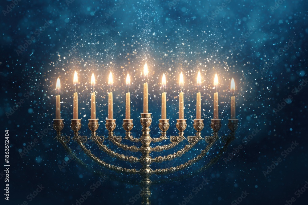 Naklejka premium Hanukkah menorah with lit candles, glowing, blue background