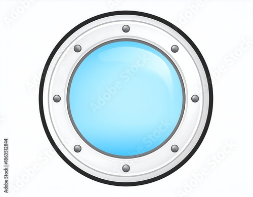 Round window with metal frame and rivets, clear, blue glass