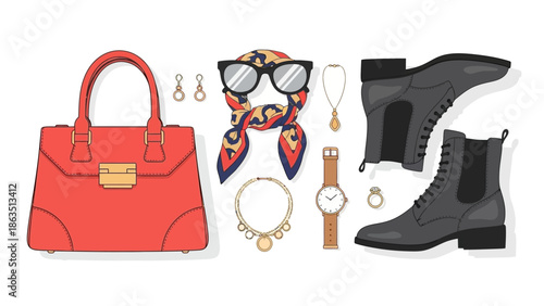 Vector illustration set of fashionable red woman accessories including a stylish handbag, purse, and matching shoes for a modern clothing design objects collection