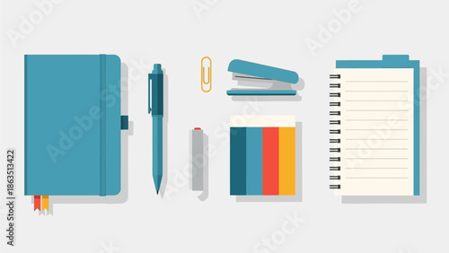 A colorful vector set of school and office stationery featuring a notebook and pen alongside a stack of library books and education documents for business data design
