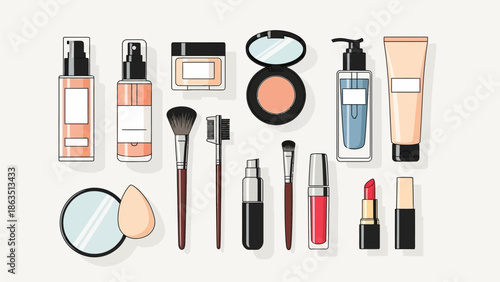 A glamour fashion set of professional makeup brushes and essential cosmetics including lipstick, mascara, and pink powder for a woman's beauty care routine