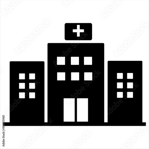 Title: Medical Laboratory Building Icon – Black & White

Description: Simple black & white vector icon of a medical laboratory building, ideal for, hospital, research, and scientific design projects.
